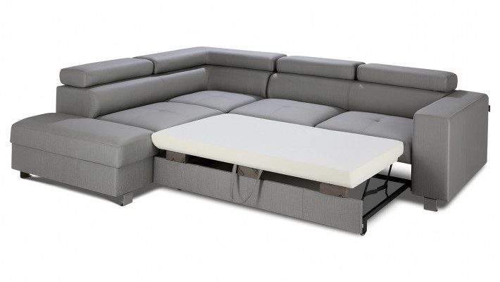 Šedý rohový gauč s funkcí postele, moderní design ve tvaru L