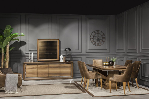 Sada jídelního nábytku 9 dílná se stolem, židlemi, komodou a zrcadlem