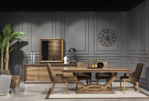 Sada jídelního nábytku 9 dílná se stolem, židlemi, komodou a zrcadlem