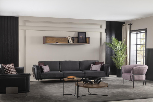 Möbel v italském stylu, šedá pohovka, polštáře, loft, 3 kusy