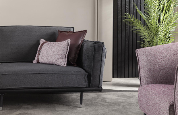 Möbel v italském stylu, šedá pohovka, polštáře, loft, 3 kusy