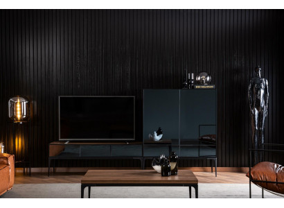 Mobilní nábytek do obývacího pokoje se zrcadlem a černými a hnědými skříňkami