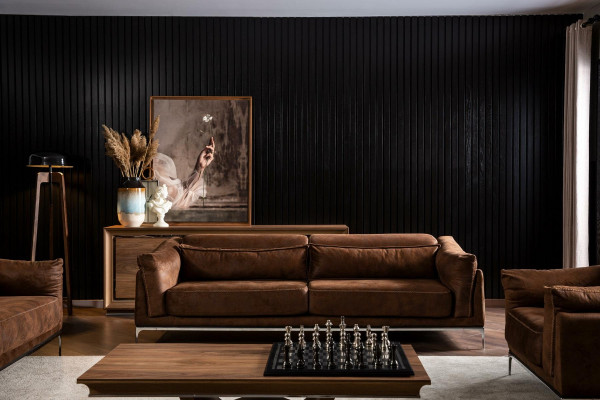 Sofa pro tři osoby s měkkým vzhledem hnědého sametu