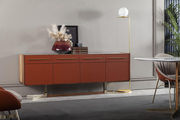 Oranžová skříňka se zásuvkami a policemi, komoda xxl, sideboard 240cm