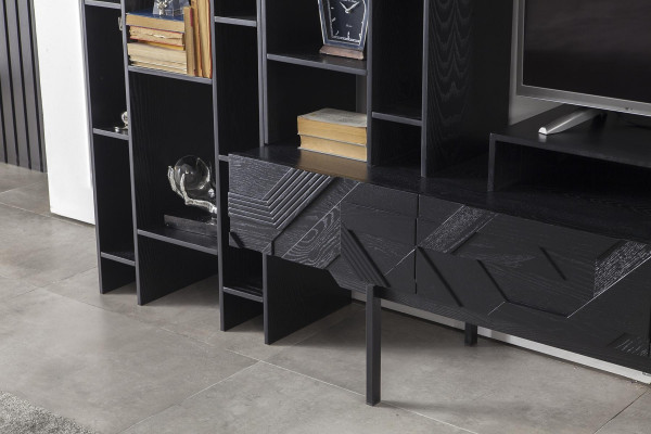 Černá obývací stěna Vysoce kvalitní skříň Luxusní stěna s vybavením Stolek 2 kusy