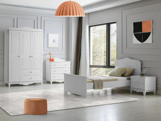 Sada moderního nábytku do ložnice, noční stolek, komoda, skříň, bílá, 4 části, elegantní