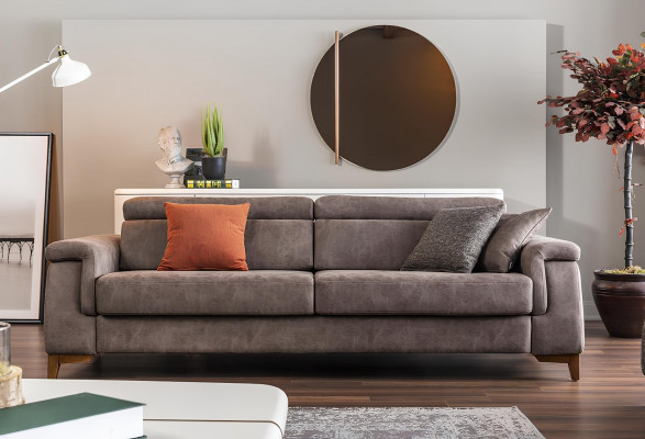 Sofa pro 3 osoby z šedé látky s funkcí postele