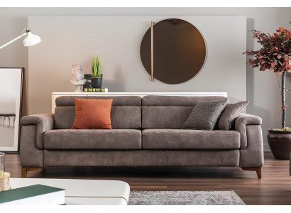 Sofa pro 3 osoby z šedé látky s funkcí postele