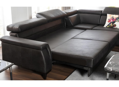 Rohová sedací souprava ve tvaru L, černá kožená pohovka s funkcí postele