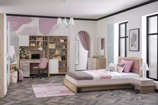 Růžová dřevěná postel pro děti, dětský Möbel, 9 kusů