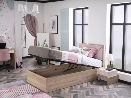 Dětská postel s růžovou dřevěnou konstrukcí moderní s úložným prostorem