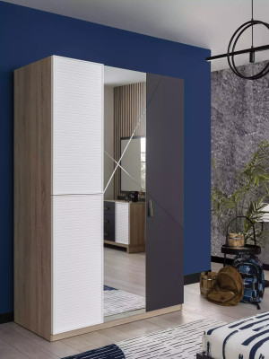 Skříň 3-dveřová Moden Dřevěná Šedá Zrcadlo Dětský Zimmer