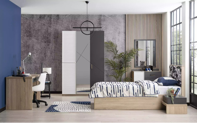 Skříň 3-dveřová Moden Dřevěná Šedá Zrcadlo Dětský Zimmer