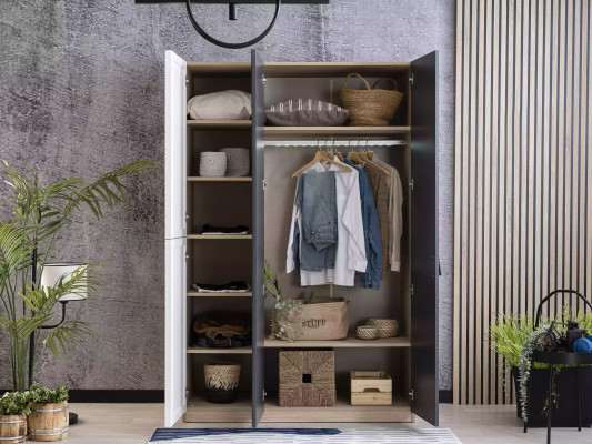 Skříň 3-dveřová Moden Dřevěná Šedá Zrcadlo Dětský Zimmer