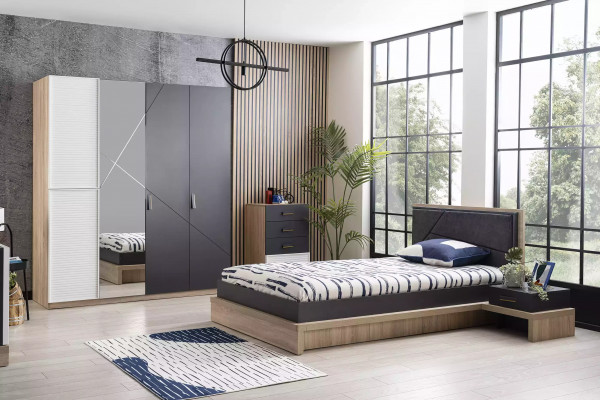 Skříň 4-dveřová Moden Dřevěná Šedá Zrcadlo Dětský Zimmer