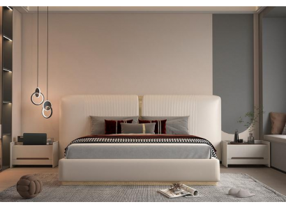 Luxuriöses beiges Bett mit goldenen Akzenten – modernes Design, Kopfteil fürs Schlafzimmer