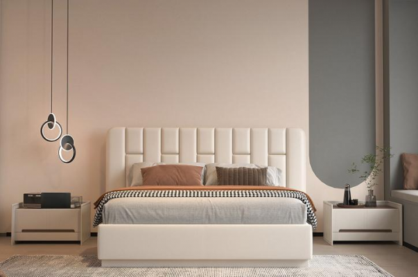 Luxuriöses beiges Bett mit modernem gestepptem Kopfteil fürs Schlafzimmer