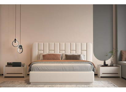 Luxuriöses beiges Bett mit modernem gestepptem Kopfteil fürs Schlafzimmer
