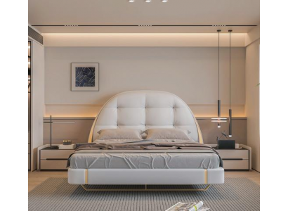 Luxuriöses graues Bett mit goldenen Akzenten, modernes Design, rundes Kopfteil des Schlafzimmers