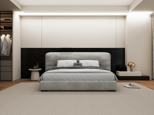 Luxuriöses graues Bett mit modernem gepolstertem Kopfteil fürs Schlafzimmer