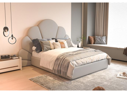 Luxusgraues Bett mit modernem gepolstertem Kopfteil im Blumenmuster | xlmoebel.at