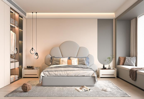 Luxusgraues Bett mit modernem gepolstertem Kopfteil im Blumenmuster | xlmoebel.at