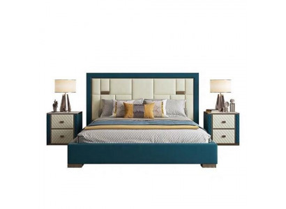 Luxusní modrá postel s moderním čalouněným čelem a výraznými barvami