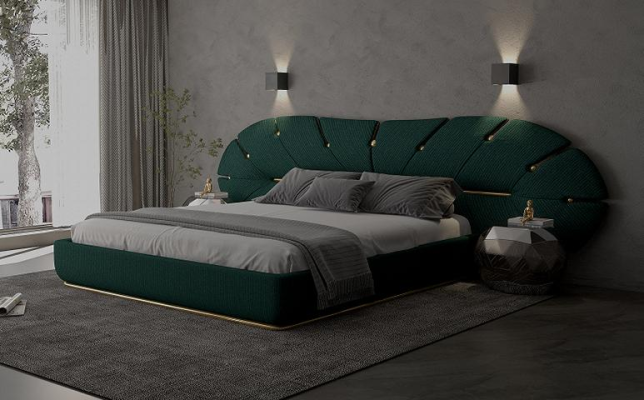 Luxuriöses grünes Bett mit goldenen Akzenten in Fächerform für modernes Schlafzimmer
