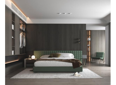 Moderní zelená postel s elegantním čalouněným čelem do ložnice