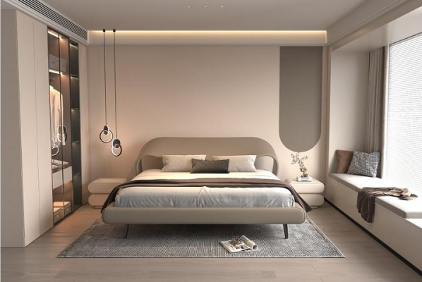 Elegantes graues Bett mit minimalistischem, abgerundetem Design