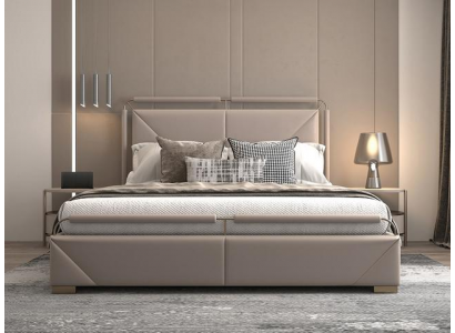 Luxusní postel v moderním designu béžová se zlatými akcenty a elegantním čelem