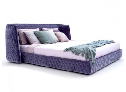 Moderní designová čalouněná postel z luxusního sametu v modré barvě s elegantním čelem