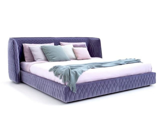 Modernes Design Polsterbett aus luxuriösem Samt in Blau mit elegantem Kopfteil