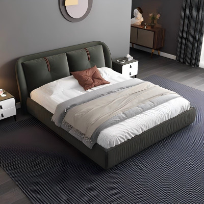 Modernes Doppelbett, gepolstert mit dunkelgrünem Leder