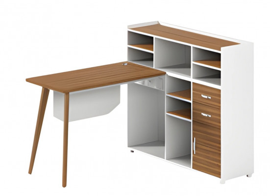 Stůl z dřeva s bílým úložným prostorem, otevřenými přihrádkami a elegantními nohami