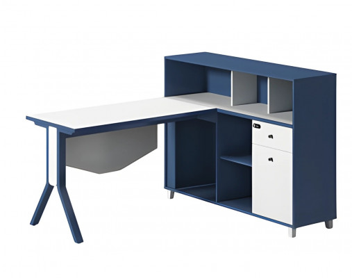 Modré a bílé psací stůl s úložným prostorem, otevřenými policemi a elegantními nohami