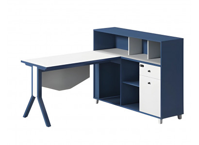 Modré a bílé psací stůl s úložným prostorem, otevřenými policemi a elegantními nohami