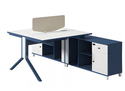 Modré a bílé psací stůl s přihrádkou, úložným prostorem a moderními kovovými nohami