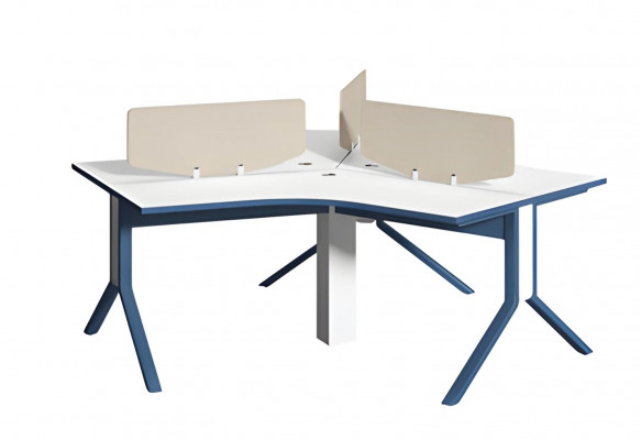 Modré a bílé rohové psací stůl s příčkou pro uspořádání kanceláře
