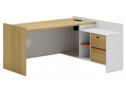 Modulární kancelářský stůl s dřevěným efektem a úložným prostorem a policemi