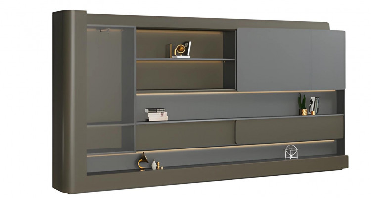 Moderní černá kancelářská skříň se šedou, LED osvětlením a úložným prostorem