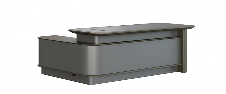 Moderní šedý kancelářský stůl s úložným prostorem a průchodem pro kabely