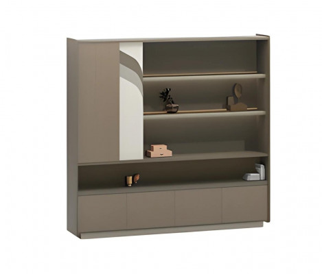 Moderní hnědá kancelářská skříň s policemi a zásuvkami na ukládání v kanceláři