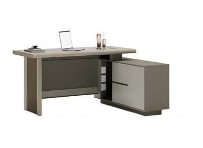 Šedý a béžový stůl s šuplíky a přihrádkami pro organizaci kanceláře