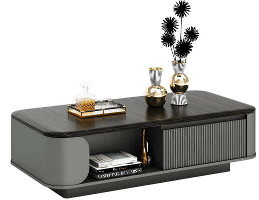 Moderner Kaffeetisch mit elegantem Design und schwarzer Tischplatte sowie offenen Regalen