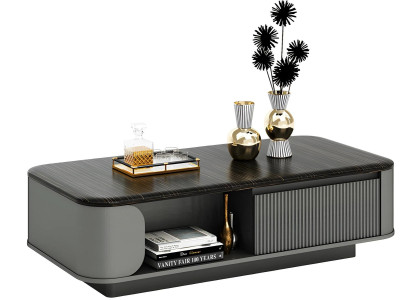 Moderner Kaffeetisch mit elegantem Design und schwarzer Tischplatte sowie offenen Regalen