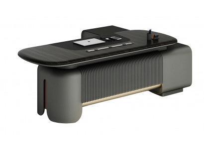 Moderní kancelářský stůl s elegantním designem a černou deskou a osvětlením