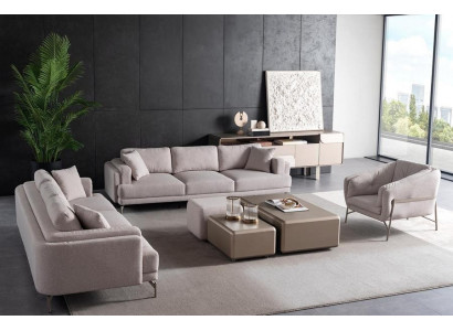 Wohnzimmer Möbelset aus Textil in Beige mit modernen Sofas, Sessel