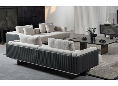 Wohnzimmer Set aus braunem Textil mit Holz Tisch und Sofas