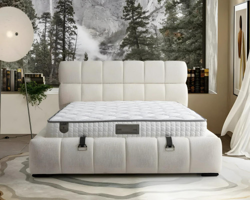 Elegantes Blaues Bett mit Matratze aus Textil und Holz